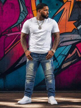 Men's Relaxed Distressed Smoke Rise Blue Biker-Panel Jeans